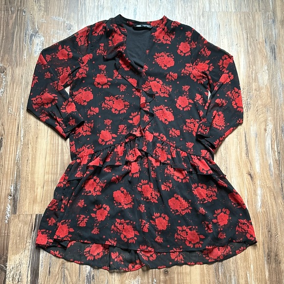 Zara Red/Black Floral LongSleeved Dress - Picture 2 of 6